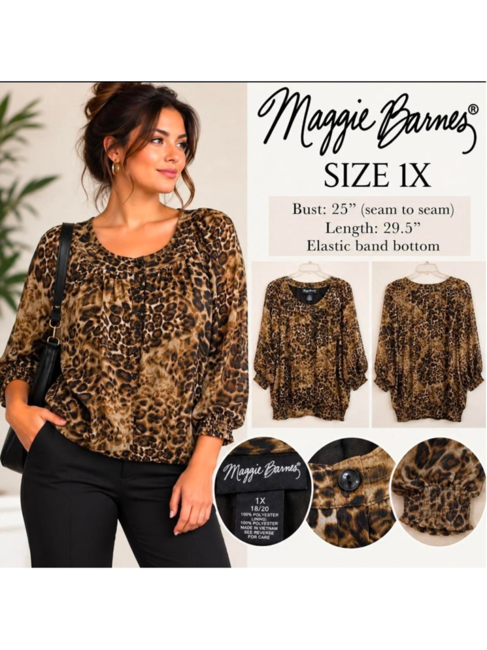 Maggie Barnes Leopard Print Blouse 1X NWT Animal Print Sheer Tunic Top